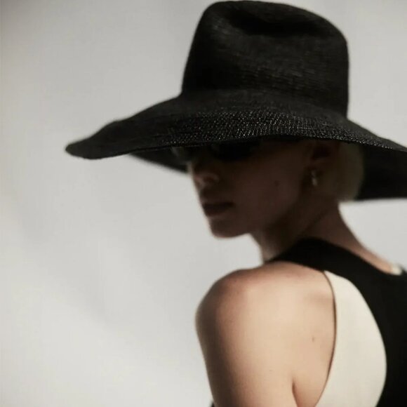 New Janessa Leone Waverly Adjustable Leather Strap Raffia Straw Black Hat Medium main image 8